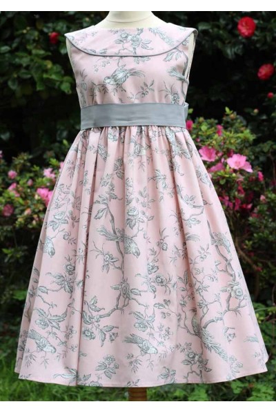 Robe cérémonie toile de jouy mésange grise et rose