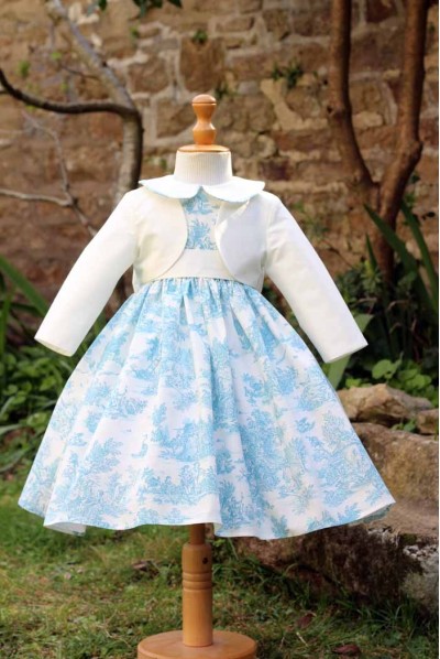 Robe de cérémonie en toile de jouy turquoise