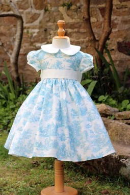 Robe de cérémonie en toile de jouy turquoise