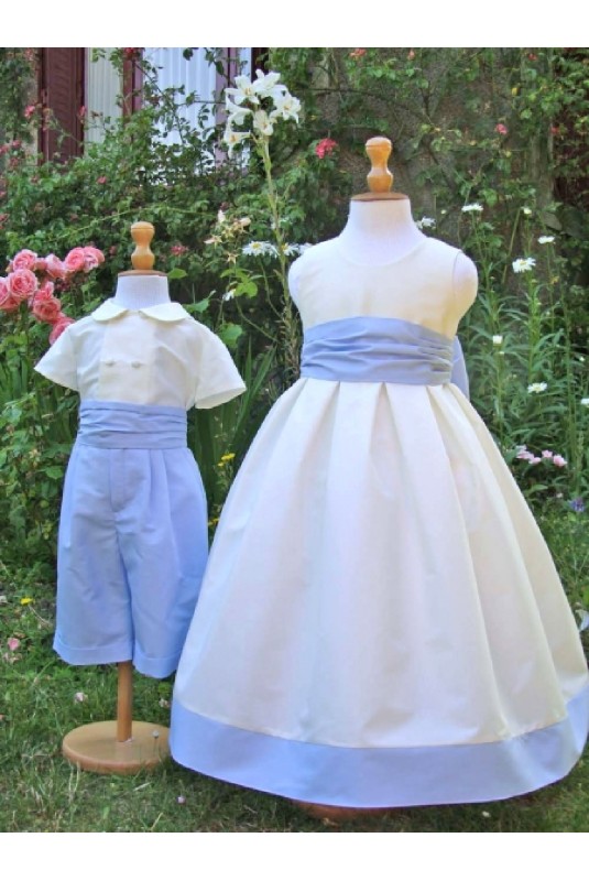 Tenue de cortège ivoire et bleu clair, confection française haut de gamme 