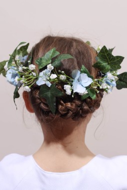 Couronne de fleurs cortège mariage hortensia bleu 